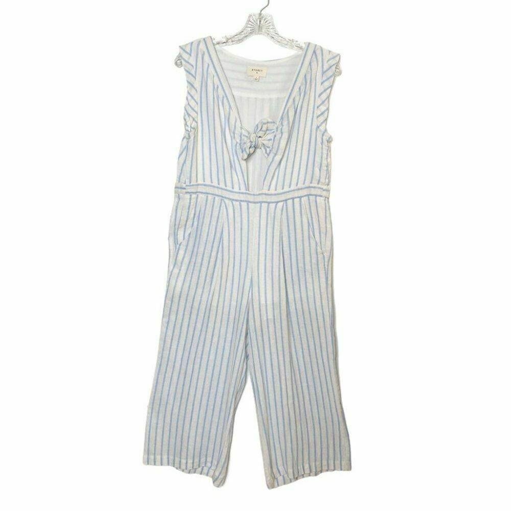 everly Tie-Front Culotte Jumpsuit in Ikat Stripe white blue sz small linen - Picture 3 of 12